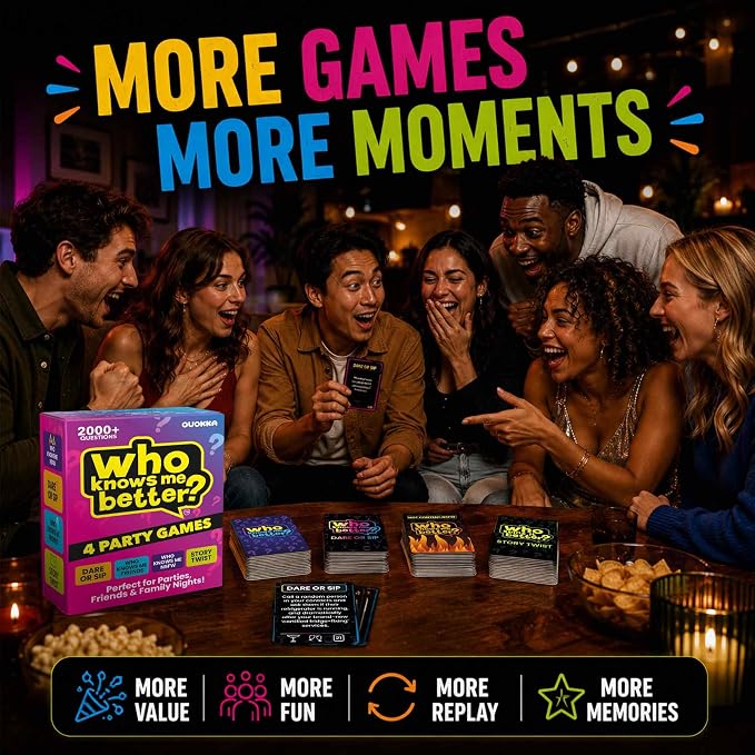 QUOKKA Party Games Set – Who Knows Me Better Collection with 4 Game in 1 Box – 2000+ Questions – Card Games for Adults and Teens – Board Game for Family Night, Friends & Couples Ages 15+
