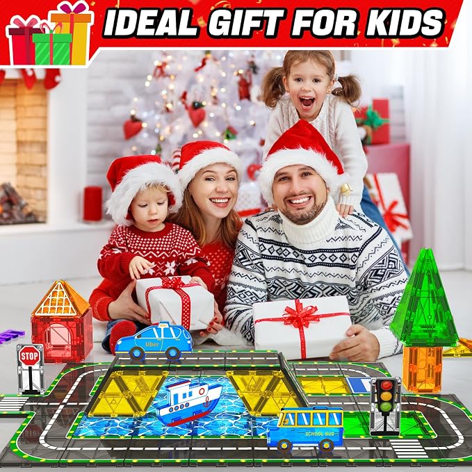 Magnetic Tiles City Road Set Kids Toys for 3 Year Old Boys Girls Magnetic Building Blocks with Cars Toys Construction Educational Magnets Tiles Gifts for Kids Toddlers Age 3-5 4-8 6 Christmas Birthday