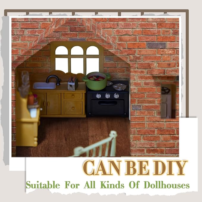 Flutesan 12 Pcs Miniature Dollhouse Wallpaper and Flooring Peel and Stick Mini DIY Self Adhesive Dollhouse Accessories 8.27 x 11.69 Inch (Elegant Style,Red Clinker)