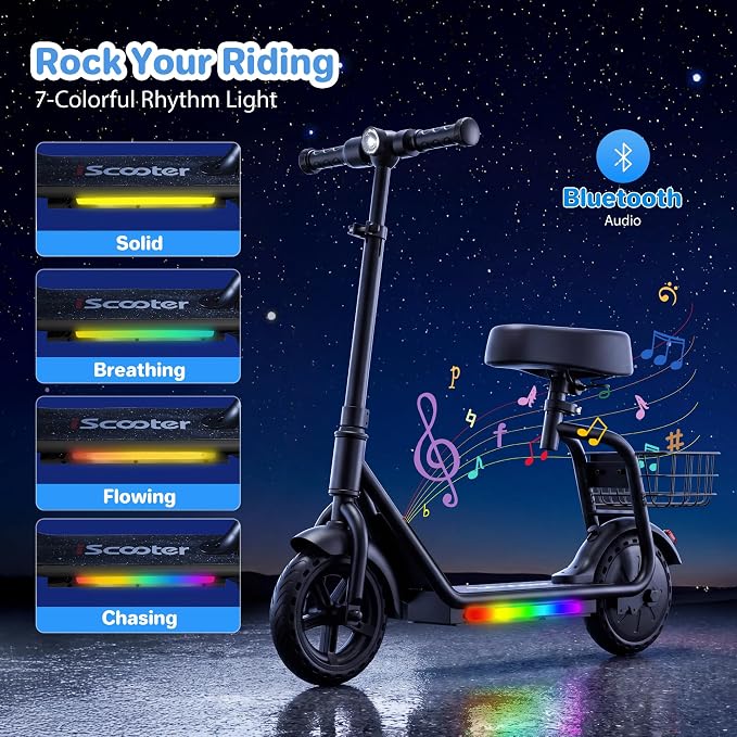 iScooter 2-in-1 Kids Electric Scooter ik7,Up to 12mph&10Miles Range，250W Motor, Headlight & Brake Taillight, Removable Seat&Basket, Smart App Parental Control,Electric Scooter for Kids Ages 10-14