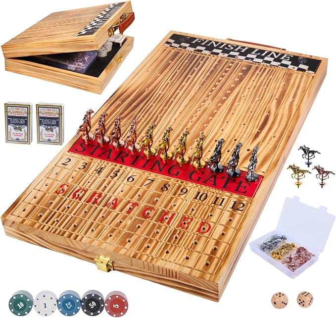 Jyquorp Horse Race Board Game, Solid Wood Foldable Racing Board with 11 Metal Horses, 2 Dice and 2 Boxes of Cards, Portable Travel Game for Family Parties and Holiday Gatherings