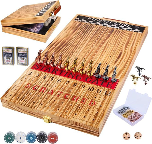 Jyquorp Horse Race Board Game, Solid Wood Foldable Racing Board with 11 Metal Horses, 2 Dice and 2 Boxes of Cards, Portable Travel Game for Family Parties and Holiday Gatherings