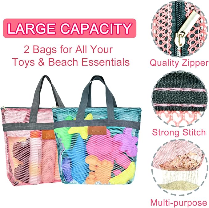 Collapsible Beach Sand Toys for Kids - Travel Beach Toys with 2 Collapsible Beach Buckets, Mesh Bags, Animal Sand Molds, Sand Bucket Shovel Set Sandbox Toy for Toddlers Kids