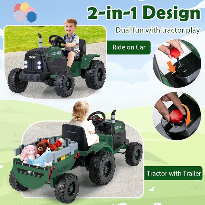 Costzon 24V Ride on Tractor with Detachable Trailer, Kids' Electric Vehicles with 3 Speeds, 15° Climbing, Wireless Design, Horn & Music, Remote Control Tractor Toy for Kids 3+,Gift (24V, Deep Green)