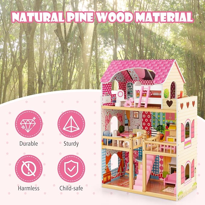 HONEY JOY Pink Doll House, Wooden Kids Dollhouse with Balcony & Stairs, 15 Pieces Accessories & Furniture Included, Large 3-Story Easy to Assemble Doll House Toy, Gift for Toddler Boys Girls, Pink