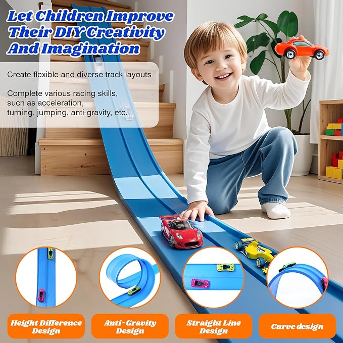 Flexible Race Track Toys for Kids: 15 Ft Flex Race Car Ramp Track with Suction Cups - Rolls Up Portable DIY Racetrack Compatible with Diecast 1/64th Cars Model - Birthday Gifts for Boys Girls Ages 3+