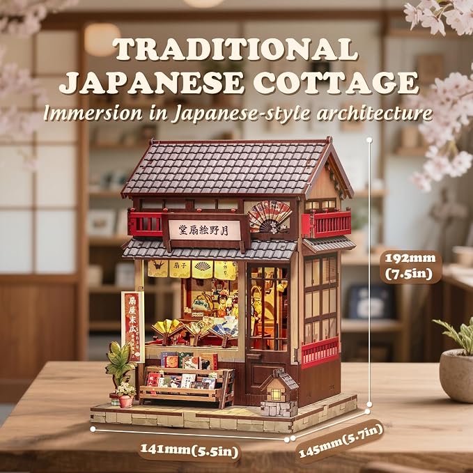 Cutefun Book Nook Kits for Adults, DIY Miniature Dollhouse Booknook Kit, Japanese Mini House Building Kit with LED, 3D Wooden Puzzle Bookshelf Insert Decor Creative Gifts for Teens (Folding Fan Shop)