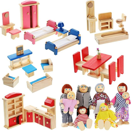 Sumind 35 Pcs Wooden Dollhouse Furniture with 8 Family Figures, Montessori Educational Wood Dolls House Accessories for 1:12 Scale, Preschool Imaginative Play Kit for Girls and Boys