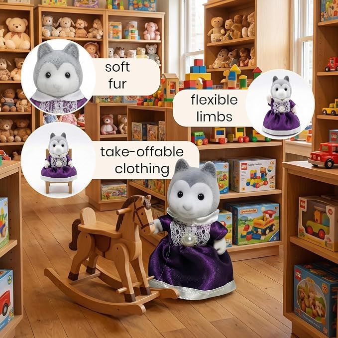 Family Gray Husky Figures — Set of 3 Collectible Flocked Mini Dolls with Removable Clothes, Dollhouse Pretend Play Set for Kids Ages 3+
