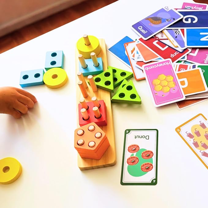 VYN & VYN Montessori Toys for 3+ Year Old Boys Girls, 2-in-1 Wooden Shape Sorter & 58 Flash Cards, Stacking and Sorting Toy, Color & Shape Matching Learning Puzzle, Educational Toy for Toddlers