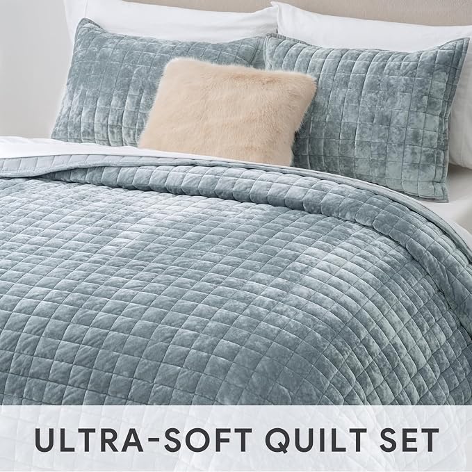 RECYCO Luxury Velvet Quilt Set Twin/Twin XL Size Bedding Sets, Ultra Soft Velvet Comforter Set, Lightweight Channel Box Stitch Oversized Bedspread Coverlet for All Season, with 1 Sham, Blue Linen