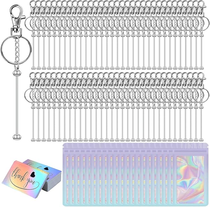42/84/126 Pcs Beadable Keychain Bars Bulk Blank DIY Beaded Keychain Making Supplies with Bag Thank You Card