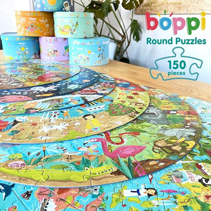 boppi Dinosaurs Round Jigsaw Puzzle with 100% Recycled Card T-rex Stegosaurus and Triceratops Fossils 150 Pieces for Children 5 6 7 8 Years 58cm Diameter