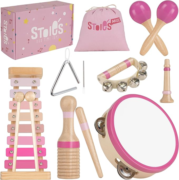Stoie’s Pink Wooden Musical Instruments for Toddlers Ages 3+, Montessori Music Toy Set with Xylophone, Tambourine, Maracas & Triangle, Educational Preschool Toys for Girls & Boys