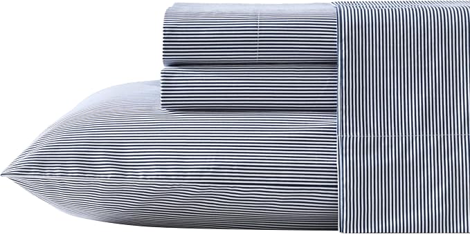Nautica - King Size Sheet Set, Crisp & Tailored Cooling Sheets with a Smooth Cotton Percale Lightweight Feel - Bed Sheets with Matching Pillowcases & Fitted Sheet (Penny Pinstripe Navy)