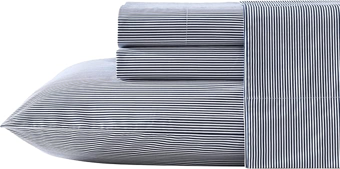Nautica - Full Sheet Set, Lightweight & Breathable Cotton Percale Bedding Set with Matching Sham(s), Crisp & Cool Bedding Essentials, Oeko-Tex Certified (Penny Pinstripe Navy, Full)