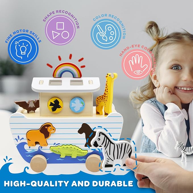 bpmfkid Noah's Ark Wooden Toy Set, Educational Wooden Animal Toys for Toddlers, Montessori Shape Sorter Educational Toys, Bible Story Engagement & Perfect Baptism, Christening Gift for 2-4 Y