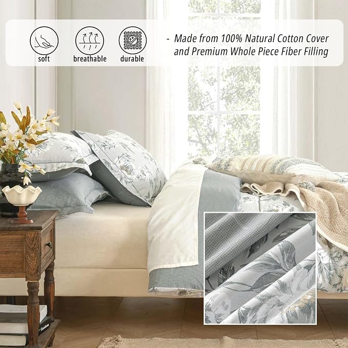 LEMIROE Floral Cotton Comforter King Size - Light Grey Comforter Printed with Vintage Ivory Flowers & Dark Yellow Stamens,Reversible Lightweight Bedding Sets 3Pcs(104"×90")