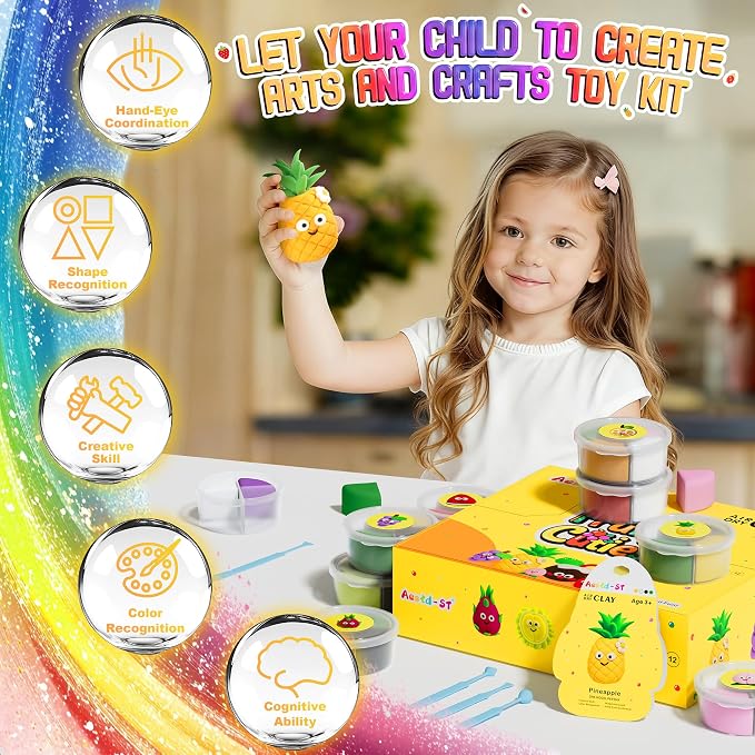 Air Dry Clay Kit - Fruit Theme, Modeling Clay for Kids, DIY Magic Clay with Sculpting Tools and Tutorials, 12 Boxes Molding Clay, Ultra Light, Soft & Non-Sticky, Arts and Crafts Gift for Kids