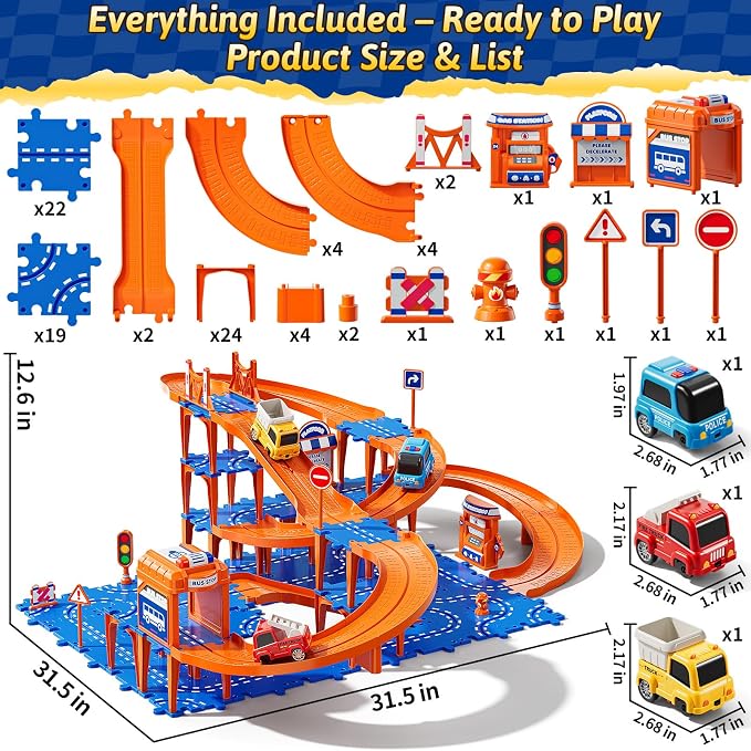 Puzzles Track Race Cars Toys for Kids Age 3-8 5-7, 4-Tier Race Track with 3 Cars, Toddler Educational Floor Puzzle Car Games Toys for Boys and Girls Toddlers, 3 4 5 6 7 8 Years Birthday Gift