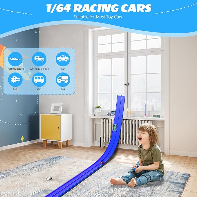16FT Flexible Race Track with 4 Cars - DIY Car Ramp Track for Jumps, Loops, Ramps - Portable Roll-Up Dual Racetrack for Indoor Outdoor Play, Ages 3+ (Blue)