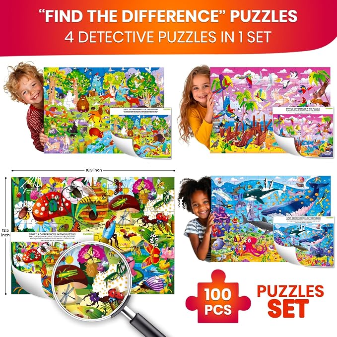 QUOKKA 100 Piece Puzzles for Kids Ages 4-6 – 4 Jigsaw Puzzles for Kids Ages 6-8 – Search and Find Game with Ocean Forest Animals for Childrens 5-8 – Learning Educational Toys for Boys and Girls 8-10