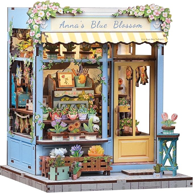 Fsolis Book Nook Kit - DIY Scene Miniature Kit for Adults, Booknook 3D Puzzles 255PCS, Tiny House Mini Flower Shop Model Bookshelf Trinkets, Gifts for Women Puzzle Lovers (Anna's Blue Blossom)