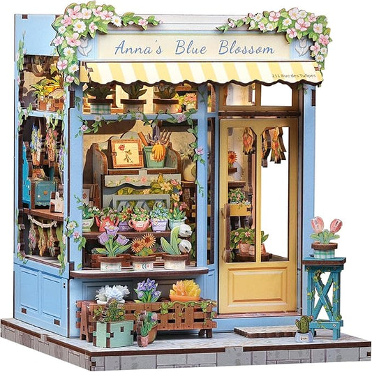 Fsolis Book Nook Kit - DIY Scene Miniature Kit for Adults, Booknook 3D Puzzles 255PCS, Tiny House Mini Flower Shop Model Bookshelf Trinkets, Gifts for Women Puzzle Lovers (Anna's Blue Blossom)