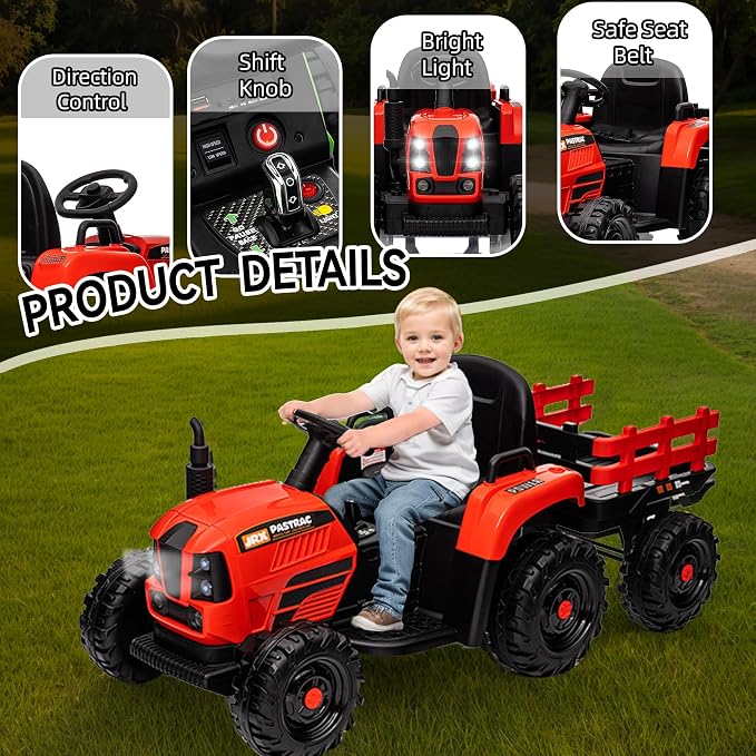 24V Ride on Tractor with Trailer, 400W Electric Car for Kids, Toddler Ride On Toy W/Remote Control, 3 Speed Adjustable, MP3, Bluetooth, LED Light, Emerald