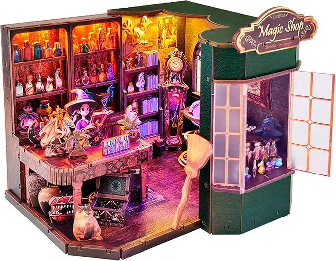 Magic Shop Book Nook Kit - DIY Miniature House Dollhouse Kit for Adult and Teens, Tiny House Bookshelf Decor 3D Wooden Puzzle with LED Lighting, Gifts for Family, Friends (Magic Shop)