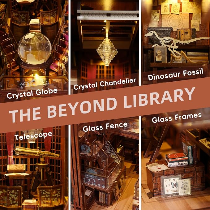 CCCDF DIY Book Nook Kit, DIY Miniature Dollhouse Booknook Kit, 3D Wooden Puzzle Bookend Bookshelf Insert Decor with LED Light for Teens and Adults (Beyond Library)