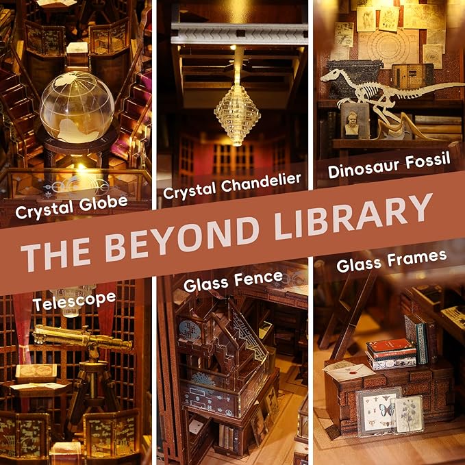 CCCDF Beyond Library Book Nook Kit, Fantasy Magical Bookshelf Insert with LED Lights, Dust Cover, 3D Wooden Puzzle Craft for Adults