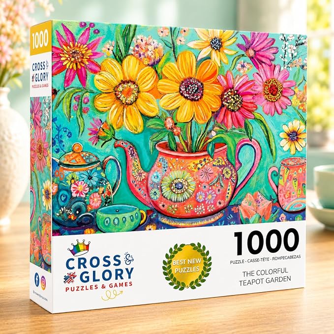 Cross & Glory - The Colorful Teapot Garden - 1000 Piece Jigsaw Puzzle for Adults | Best New Floral Artwork Puzzle | Relaxing and Intricate Puzzle Experience