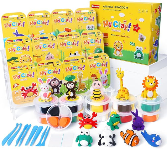 Air Dry Clay Kit for Kids: 12 Animals Modeling Magic Clay Set with Sculpting Tools and Tutorials Safe Non-Toxic & Light Soft DIY Art Craft Molding Clay School Class Home Party Gifts for Boys Girls