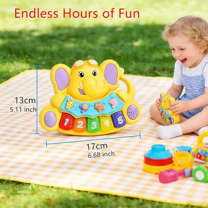 Baby Piano Drum Music Toy 6-12 Months, Elephant Light Up Musical Keyboard Animal Sound, Toddler 12-24 Early Learning Educational Interactive Infant Toys Girl Boy Gift 1 Year Old