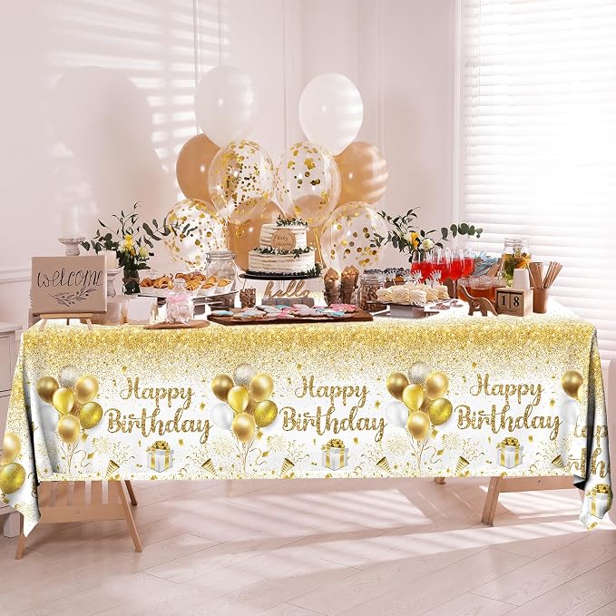 Happy Birthday Tablecloths - Gold & White Party Decorations, 3pcs Disposable Table Covers for Indoor/Outdoor Birthdays