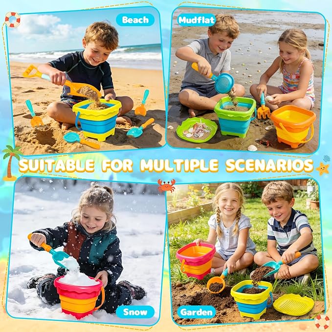 Letapapa Beach Sand Toys for Kids, Travel Sand Toys with 4 Collapsible Beach Buckets, Sifter Shovels Set & Mesh Bag, Beach Outdoor Sandbox Toys for Toddler Boys Girls 3 4 5 6 7 8 9 10 Year Old