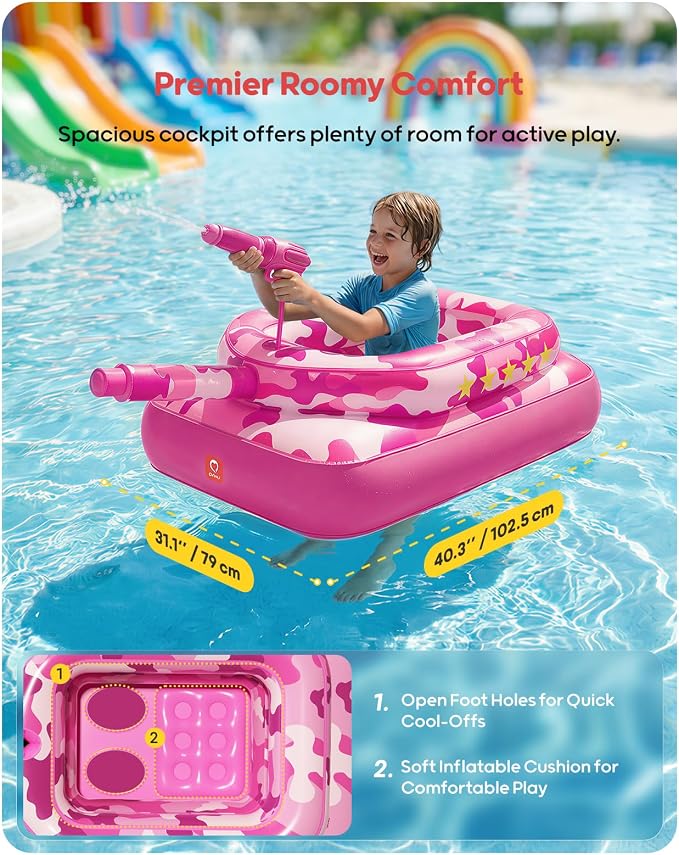 QPAU Inflatable Tank Pool Float for Adults & Kids – Ride-On Camouflage Floaty with Water Cannon, Swim Raft Toy for Boys Girls, Lake Beach Backyard Party Floaties