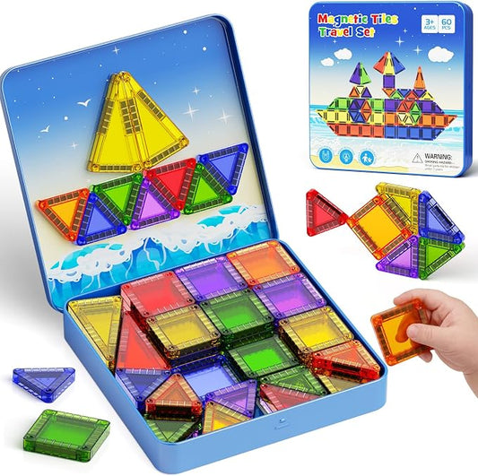 WMXDU 60 PCS Magnetic Tiles Travel Set for Kids, Portable Magnetic Building Blocks with Tin Box, Car Rides Airplane Road Trip Activities, Birthday Gift for Boys