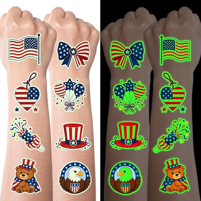 JCFIRE Luminous 4th of July Tattoos Glow in The Dark, Temporary Tattoos for Kids and Adults, 4th of July Accessories for Women Girls, Fourth of July Decorations Supplies