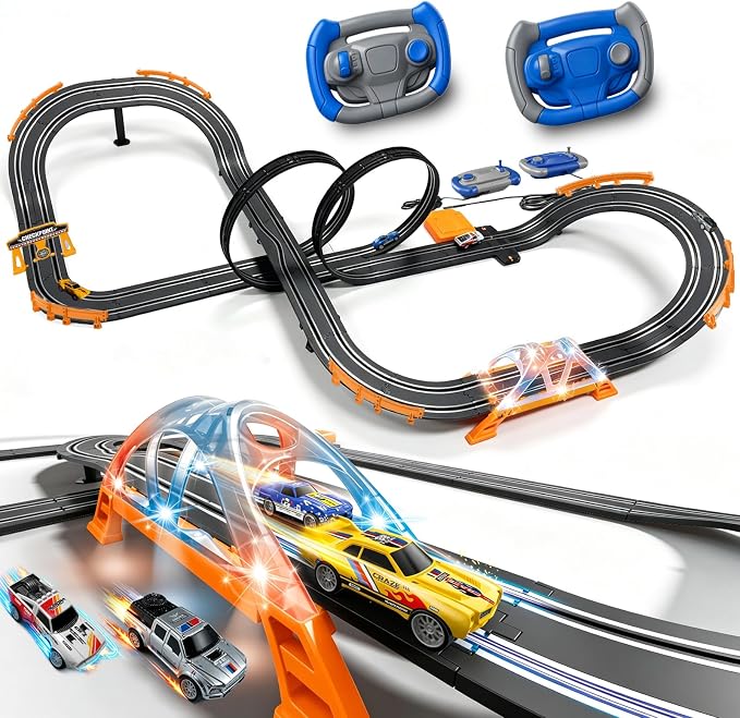 Slot Car Race Track Sets with 4 High-Speed Racing Slot Cars Electric Dual Racing Game with 2 Controllers Circular Overpass Track Featuring Flash Bridge Pendulum Gifts Toys for Boys Kids Age 6 7 8-12
