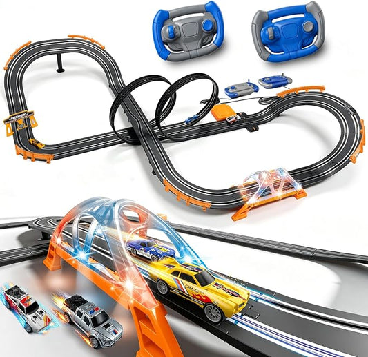 Slot Car Race Track Sets with 4 High-Speed Racing Slot Cars Electric Dual Racing Game with 2 Controllers Circular Overpass Track Featuring Flash Bridge Pendulum Gifts Toys for Boys Kids Age 6 7 8-12