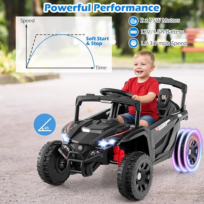 Costzon 12V Kids UTV Ride On Car, Battery Powered Electric Vehicle with Remote Control, 3 Speeds, LED Lights, Music, Horn & Spring Suspension, Off-Road UTV for Boys & Girls 3+ Years Old (Black)