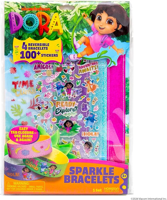 Dora Sparkle Bracelets, Reversible Bracelet Design with Easy Tab Closures, Includes Over 100 Glitter and Puffy Stickers