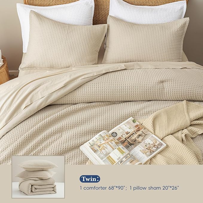 David's Home Waffle Weave Comforter Set 2PCS Twin Size, Soft Breathable Lightweight Cozy Skin-Friendly Warm for All Season, Elegant Aesthetic Home Decor Bedding Set with Pillow Shams, Linen