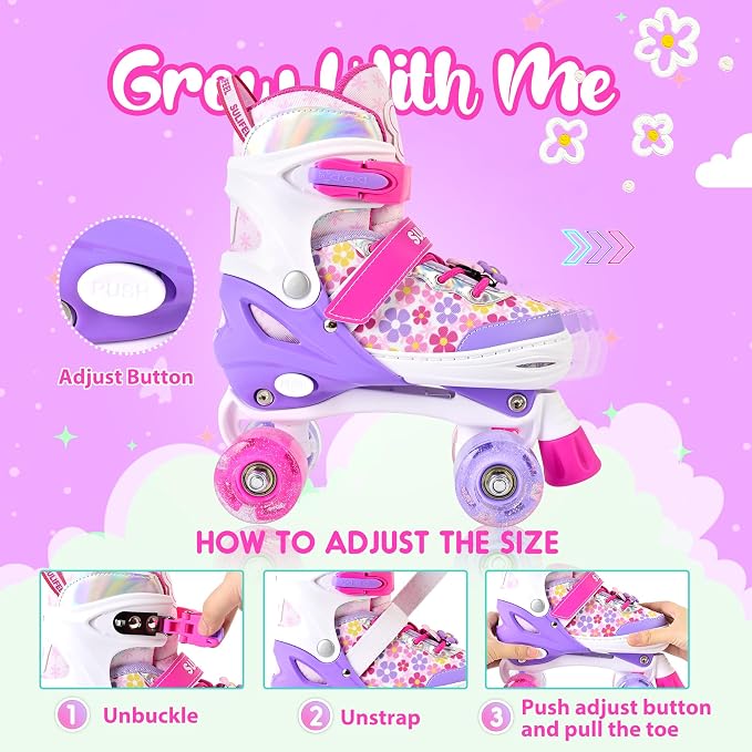 SULIFEEL Rainbow Unicorn 4 Size Adjustable Roller Skates for Girls Boys for Kids Ages 3-5 5-8 6-12 Children Skates Indoor Outdoor