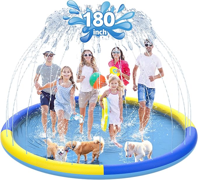 CACSPS 180" Non-Slip Splash Pad for Kids and Dog, Thicken Sprinkler Pool Summer Outdoor Water Toys, Extra Large Backyard Wading Pool for Children Boys & Girls or Pet Dog (Blue&Yellow)