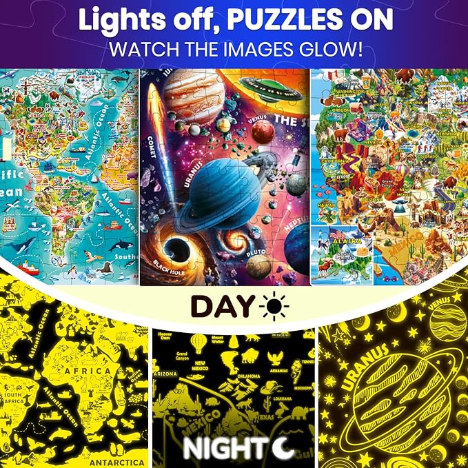 QUOKKA 100 Puzzles for Kids Ages 4-6 – Glow-in-the-Dark USA Map World Map and Solar System – Educational Floor Puzzles for Kids Ages 6-8 – Geography Learning Toys for 5-8 Year Olds
