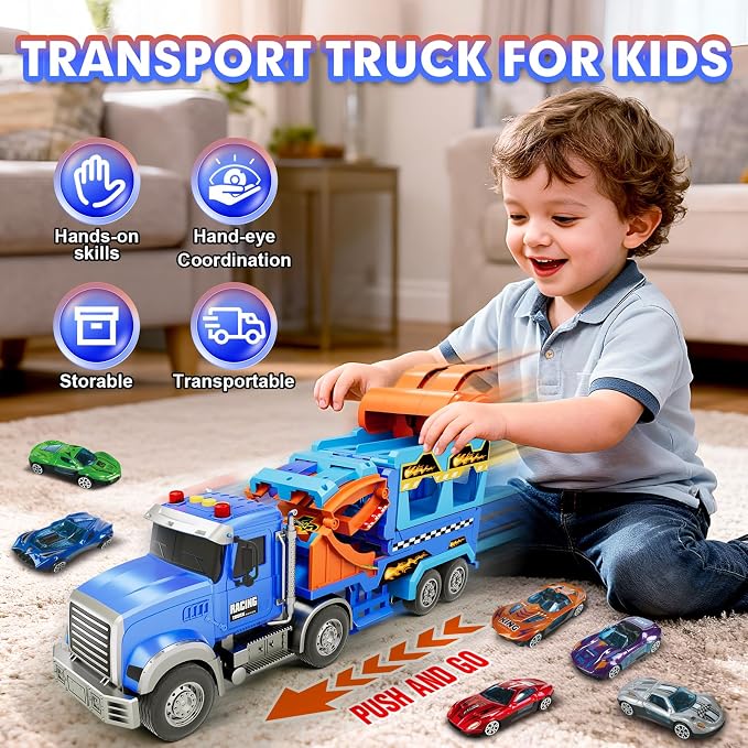 Truck Car Toys for 3, 4, 5, 6, 7, 8 Years Old Kids, Carrier Truck Race Track Toys, Foldable Transport Car Toys with Foldable Race Tracks and 6 Metal Cars, Birthday Gifts for Toddler Boys Girls (Blue)