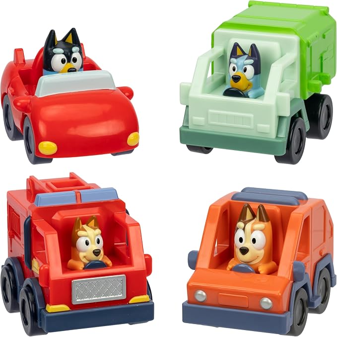 Bluey Mini Racers Vehicles Set of 4, Garbage Truck, Convertible, Family Car, and Firetruck, Small Toy Cars, Toddler Toys for Ages 3+